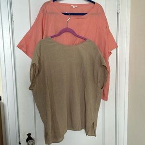 Eileen Fisher organic linen set 2 tops peach,khaki size XL